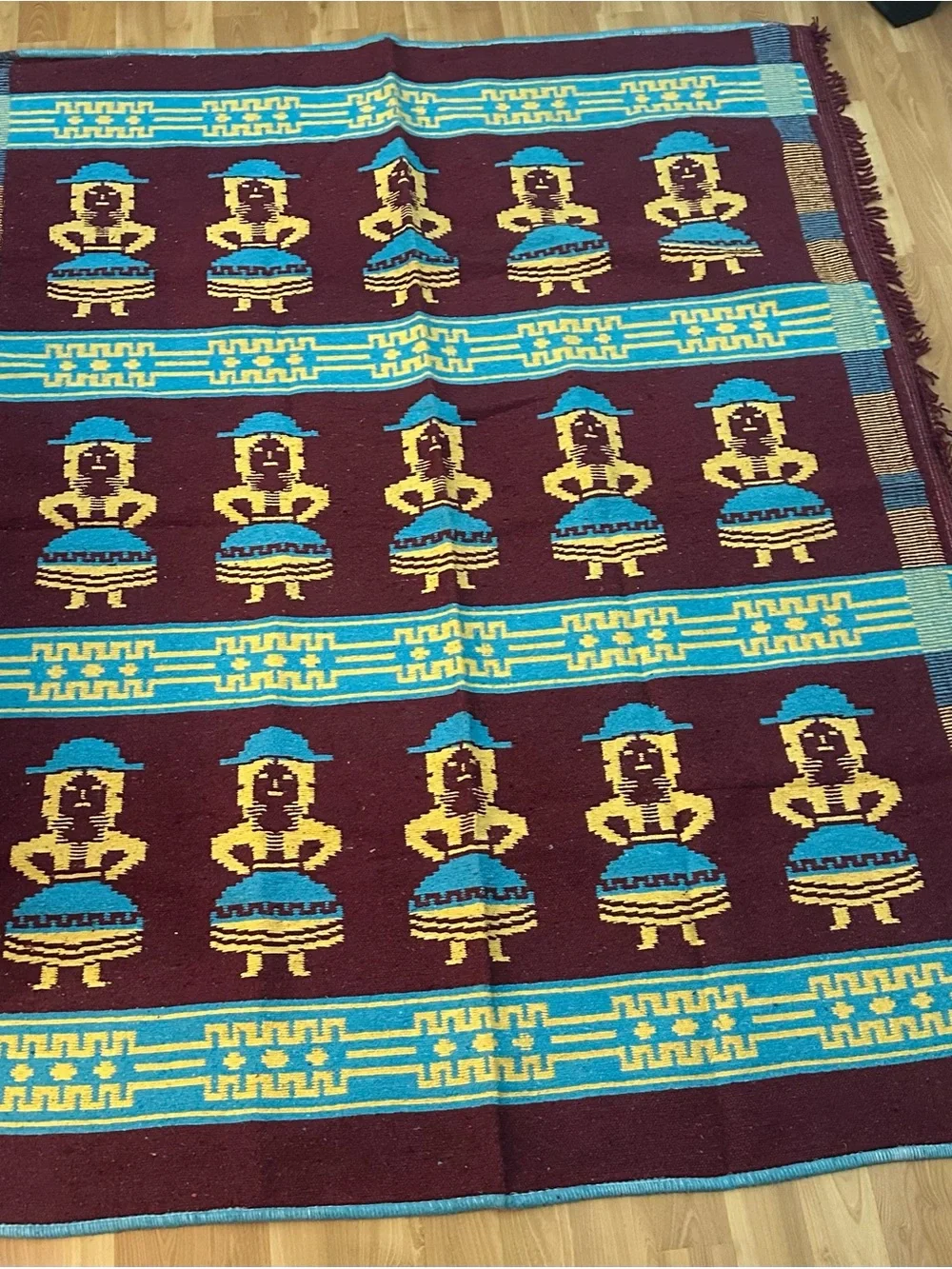 Vintage Peruvian Profitex Wool Blanket Folk Art Andean Figures